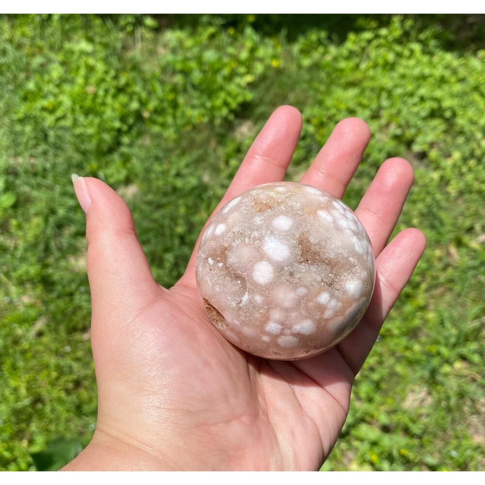 62 mm Cute Polk a Dot Flower Agate Crystal Sphere with Stand , Sakura Agate